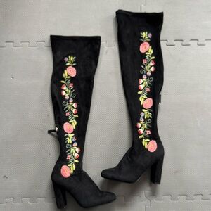 Embroidered Floral Over the Knee High Heel Boots 60s Hippie Style 1960s Retro